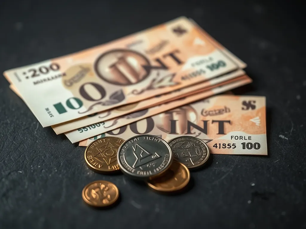 A close up technical shot of Hungarian Forint bills and coin