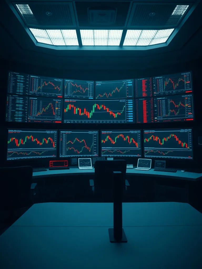 A professional wide shot of a financial trading terminal wit