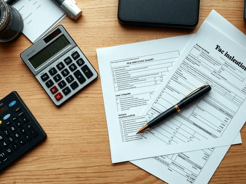 A professional office desk with a calculator, tax forms, and